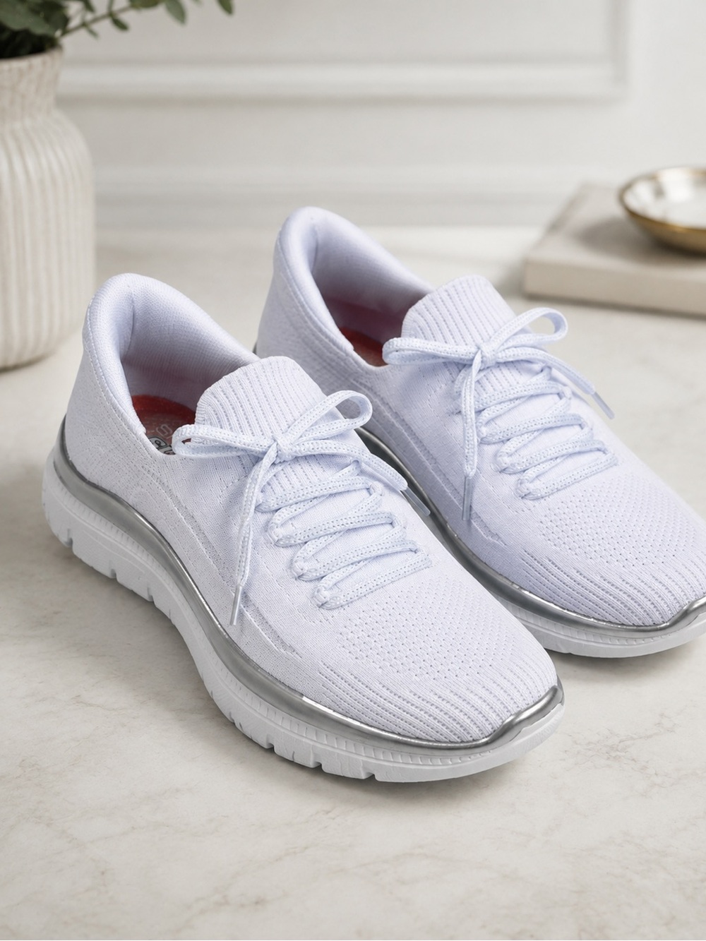 Skechers White Knit Lace-Up Slip-On Sneakers with Silver Trim - Picture 3 of 8